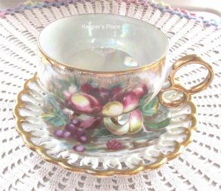 Royal Sealy Japan Lusterware Gold 3 Footed Cup & Saucer Set Peach Grapes Fruit