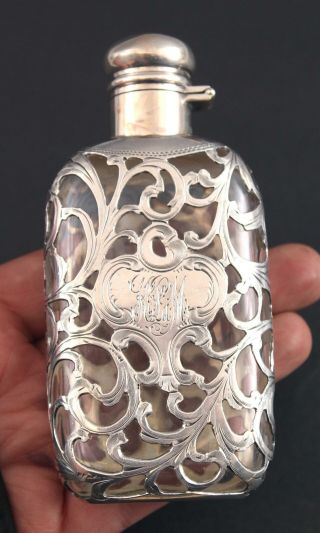 Antique Victorian 999/1000 Sterling Silver Overlay & Glass Ladys Personal Flask