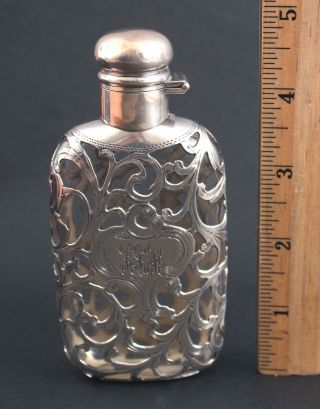 Antique Victorian 999/1000 Sterling Silver Overlay & Glass Ladys Personal Flask 2