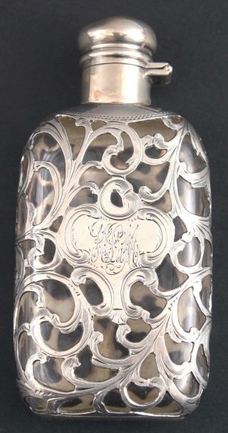 Antique Victorian 999/1000 Sterling Silver Overlay & Glass Ladys Personal Flask 3