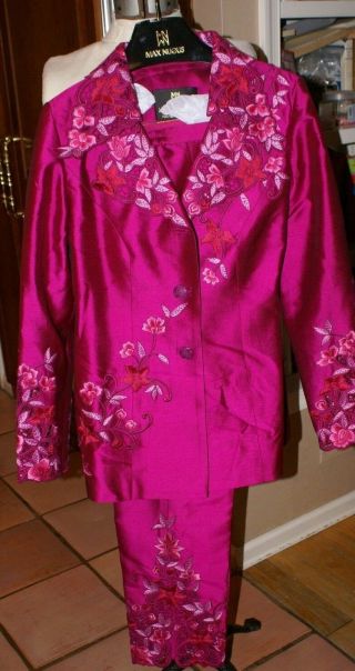 Vintage Max Nugus Haute Couture 2 Pc.  Suit Embroidered Jacket,  Pants Sz.  12 - 14
