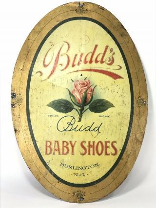Antique Vintage Budd Baby Shoes Tin Metal Advertising Sign 19.  5”x13.  5”