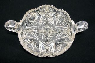 Abp American Brilliant Period 4 - Part Divided Handled Bowl Cut Glass Nappy Nr Yqz