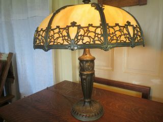 Large 21 " Antique Art Nouveau Arts & Crafts Slag Glass Lamp Shade 8 Bent Panel