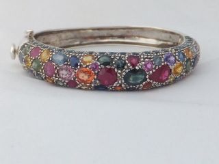 Exceptional Designer Silver Multi Coloured Sapphire And Ruby Large Heavy Bangle