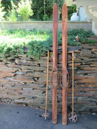 Vintage Wooden 77 " Long Skis Finish W/ Metal Bindings,  Old Bamboo Pole