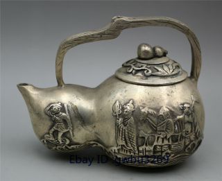Collectio Tibetan Silver Handwork Carved Journey To The West Figure Gourd Teapot