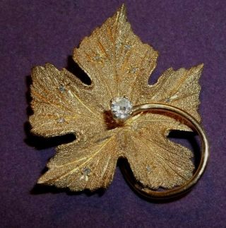 Vintage Estate Solid 14k Gold Diamond Solitaire Center Leaf Brooch Pin 14 Grams