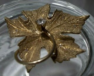 Vintage Estate Solid 14K Gold Diamond Solitaire Center Leaf Brooch Pin 14 grams 3
