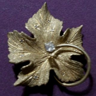 Vintage Estate Solid 14K Gold Diamond Solitaire Center Leaf Brooch Pin 14 grams 4