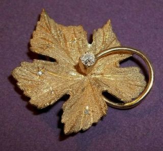 Vintage Estate Solid 14K Gold Diamond Solitaire Center Leaf Brooch Pin 14 grams 5