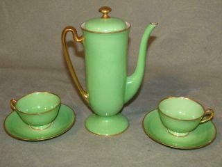 Rs Germany Art Deco Porcelain Demitasse Teapot & 2 Cups & Saucers - Green & Gold
