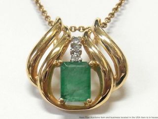 2ct Natural Emerald Diamond 14k Gold Pendant Large Vintage Birthstone Slide