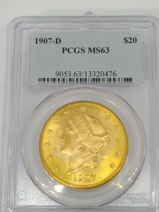 1907 D $20 Gold Liberty Double Eagle Pcgs Ms63 Great Luster Rare Key Date