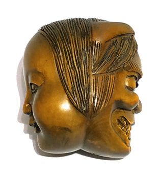 Y4696 - 2 " Hand Carved Boxwood Netsuke - Prajna And Art Mask