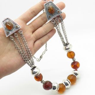 Signed 925 Sterling Silver Large Real Amber Gemstone Necklace 25 "