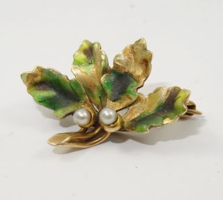 Antique Signed Edwardian Solid 14k Gold Enameled Leaf Seed Pearl Pin Brooch