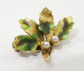 ANTIQUE SIGNED EDWARDIAN SOLID 14K GOLD ENAMELED LEAF SEED PEARL PIN BROOCH 2