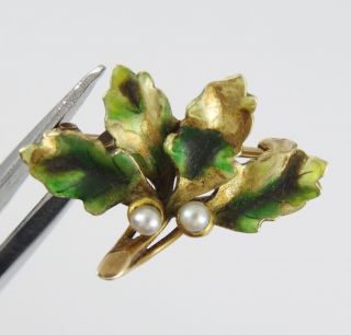 ANTIQUE SIGNED EDWARDIAN SOLID 14K GOLD ENAMELED LEAF SEED PEARL PIN BROOCH 3