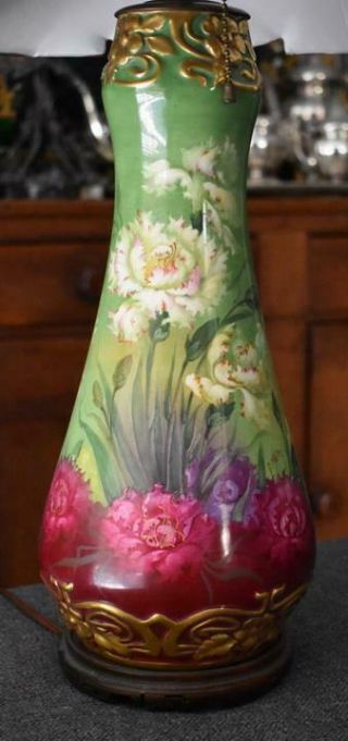 BREATHTAKING ART NOUVEAU ROYAL BONN HAND PAINTED FLORAL LAMP CUSTOM SHADE SIGNED 7