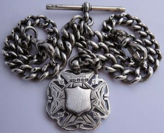 Antique Solid Silver Double Pocket Watch Albert Chain & Double Sided Silver Fob