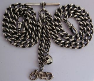 Antique Solid Silver Double Pocket Watch Albert Chain & Skull & Motorbike Fob