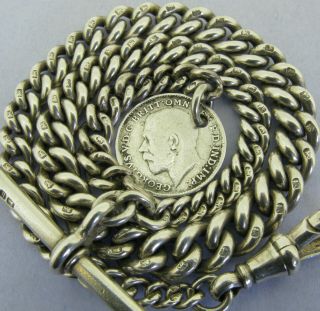 Antique Solid Sterling Silver Albert Pocket Watch Chain T - Bar & Coin Fob 1907