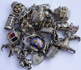 Stunning Vintage Solid Silver Charm Bracelet & 20 Charms.  Rare,  Open,  Move.  105.  2g