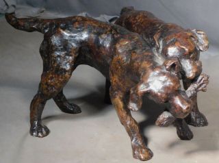 Vintage Modern Bronze 2 Dogs Wrestling Labrador Retriever Rosemary Cook Play Lab 12