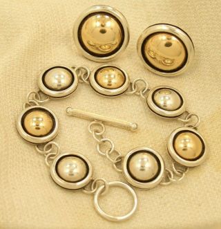 Vintage Sterling Silver 14k Gold Artie Yellowhorse Dome Bracelet & Earrings Set