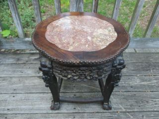 Antique Victorian Small Wood Carved Marble Topped Table Ball And Claw Type Foot