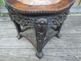 Antique Victorian small wood carved marble topped table Ball and Claw type foot 4