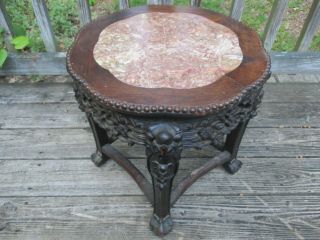 Antique Victorian small wood carved marble topped table Ball and Claw type foot 5