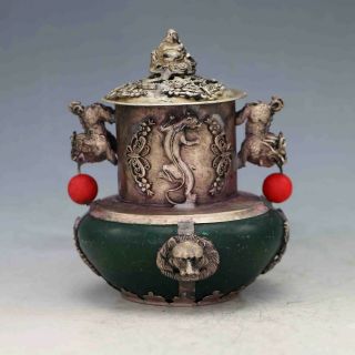 Vintage Oriental Old Green Jade Inlaid Tibetan Silver Incense Burner Buddha Lid