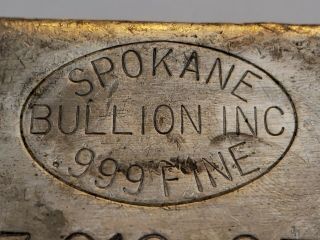 Vintage Spokane Bullion Inc 23oz.  999 Silver Bar.  Rare,  Unrecorded Variety