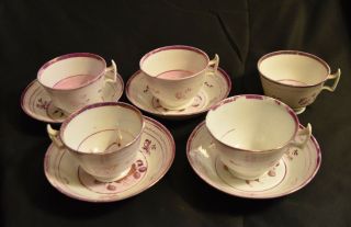 Antique Pink Lusterware Set Of 5 Tea Cups & 4 Saucers Georgian Staffordshire