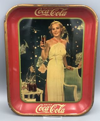 Vintage Coca - Cola Soda Metal Serving Tray 1935 Authentic Lady In Formal Not Repr