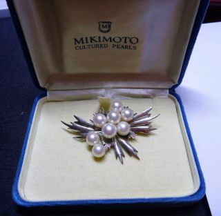 Quality Antique Estate Sterling Silber And Mikimoto Akoya Pearls Brooch Pin