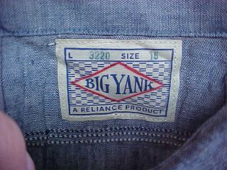 NOS Vtg Big Yank Blue Work Shirt Size 15 3