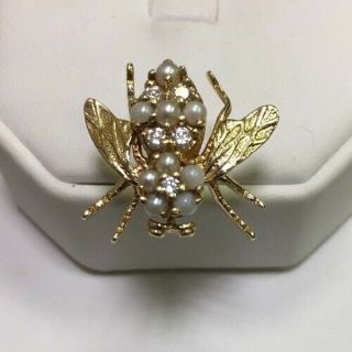 14k Yellow Gold Diamond And Pearl Bee Pendant Flying Bug Vintage Pin 1