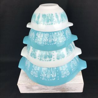 Set Of 4 Vintage Pyrex Turquoise Butterprint Nesting Bowls