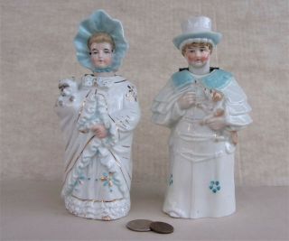 Pair Antique Porcelain Nodder Figurines,  Man & Woman W/ Dogs,  German