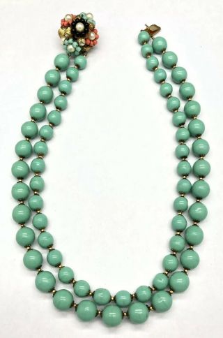 Vintage Miriam Haskell Turquoise Color Double Strand Bead Necklace Floral Clasp