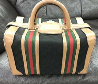 Vtg Rare Gucci Train Case Doctor Bag Makeup Black Web Double Stripe Serial 067