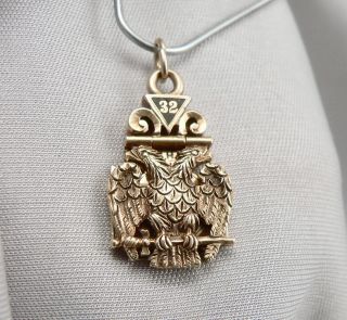 Rare Lady Masonic 14k Gold Double Eagle 32nd Degree Fob Pendant Knights Templar