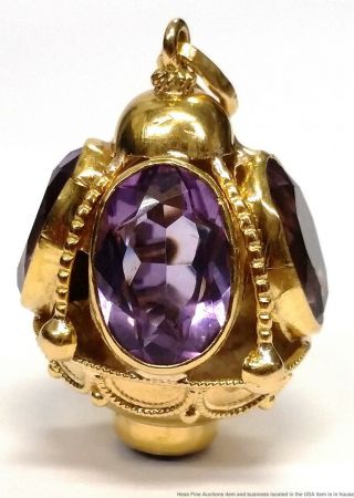 18k Yellow Gold Amethyst Huge Antique Etruscan Revival Pendant Charm 11.  3g