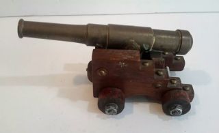 Vintage Brass And Wood Cannon With Wooden Base And Metal Trim 5.  5 "