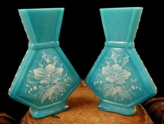 Antique Bohemian Victorian Blue - Opal Hand Painted Enamel Art Glass Vase Set