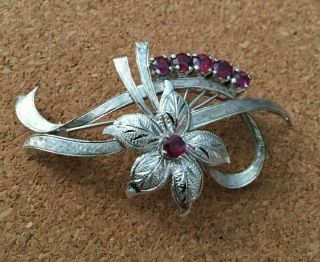 Fabulous Antique Art Deco 18k White Gold And Ruby Flower Spray Pin Brooch 7 Gram