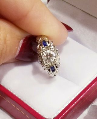 Antique Art Deco 18k White Gold Old European Cut Diamond & Sapphire Carved Ring